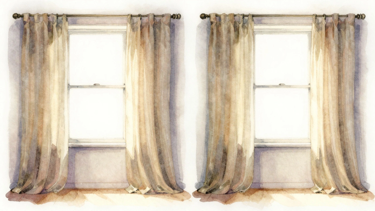 Watercolor comparison: narrow curtains vs. wide curtains framing a window, showing the difference in perceived space.