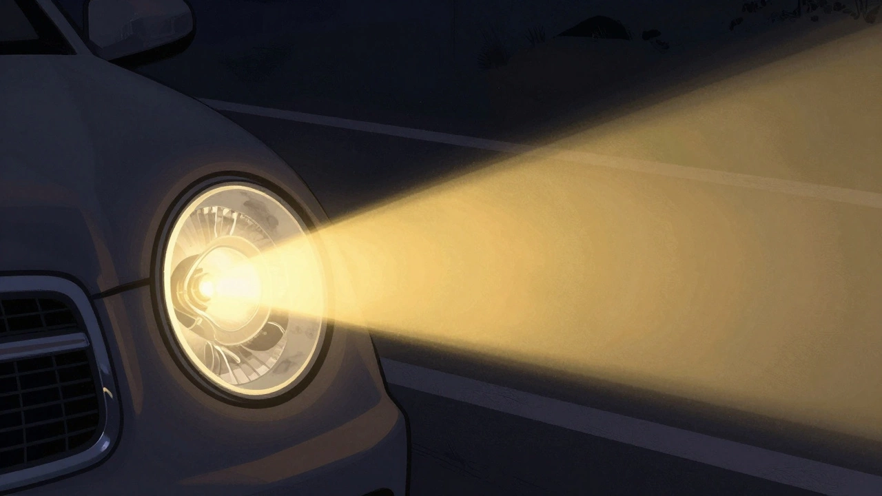 A car headlight using a concave mirror to focus a powerful beam of light onto the road at night.