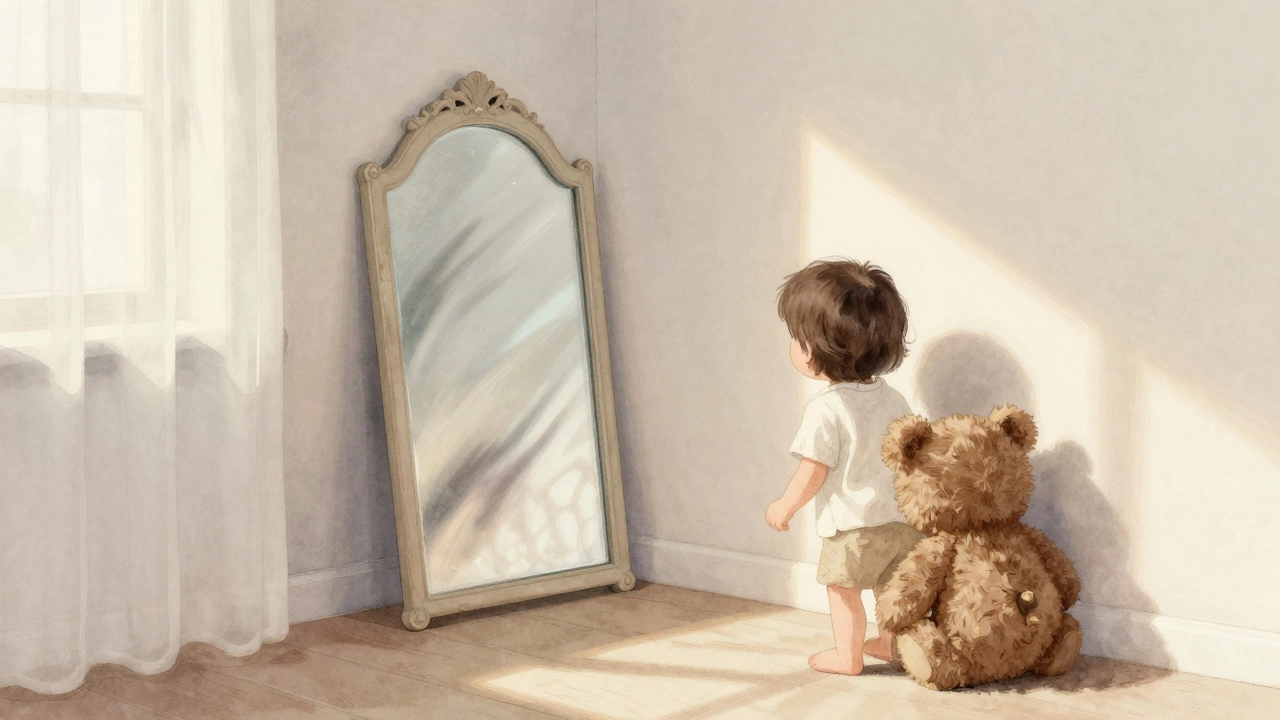 A child turning away from a nursery mirror, sunlight patterns on the floor, the glass shimmering faintly.