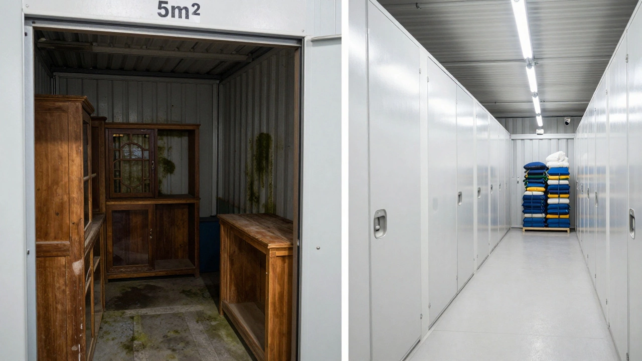 A comparison between a damaged storage unit and a climate-controlled secure storage unit in New Zealand.