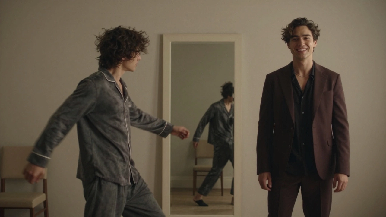 A seamless mirror transformation showing two different outfits in one reflection.