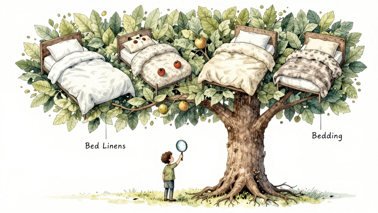A tree-shaped bed with bedding parts as branches, labeled 'Bedding' and 'Bed Linens' in a watercolor style.