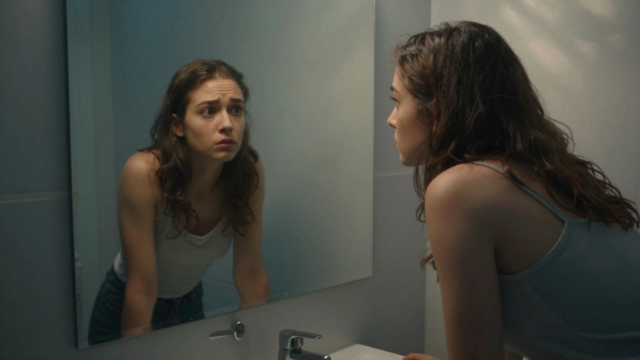A woman staring at her reflection in a bathroom mirror, one side of her face in shadow, the reflection subtly warped.