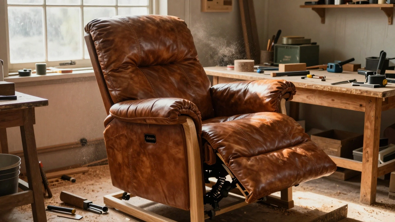 An artisan hand-assembling a Lane Venture recliner in a wooden workshop with sunlight.