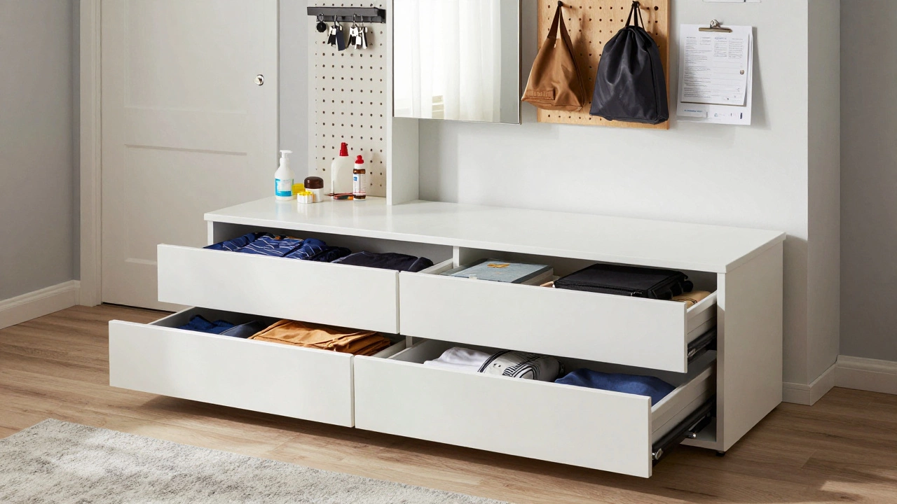 Bed with four pull-out drawers beneath and mirrored cabinet above, showing smart bedroom storage.
