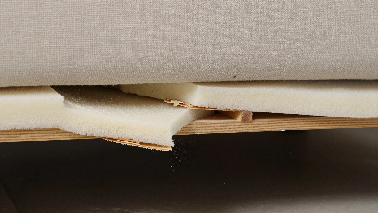 Close-up of crumbling foam and splintered frame beneath a couch cushion, with frayed fabric and a makeshift plywood support.