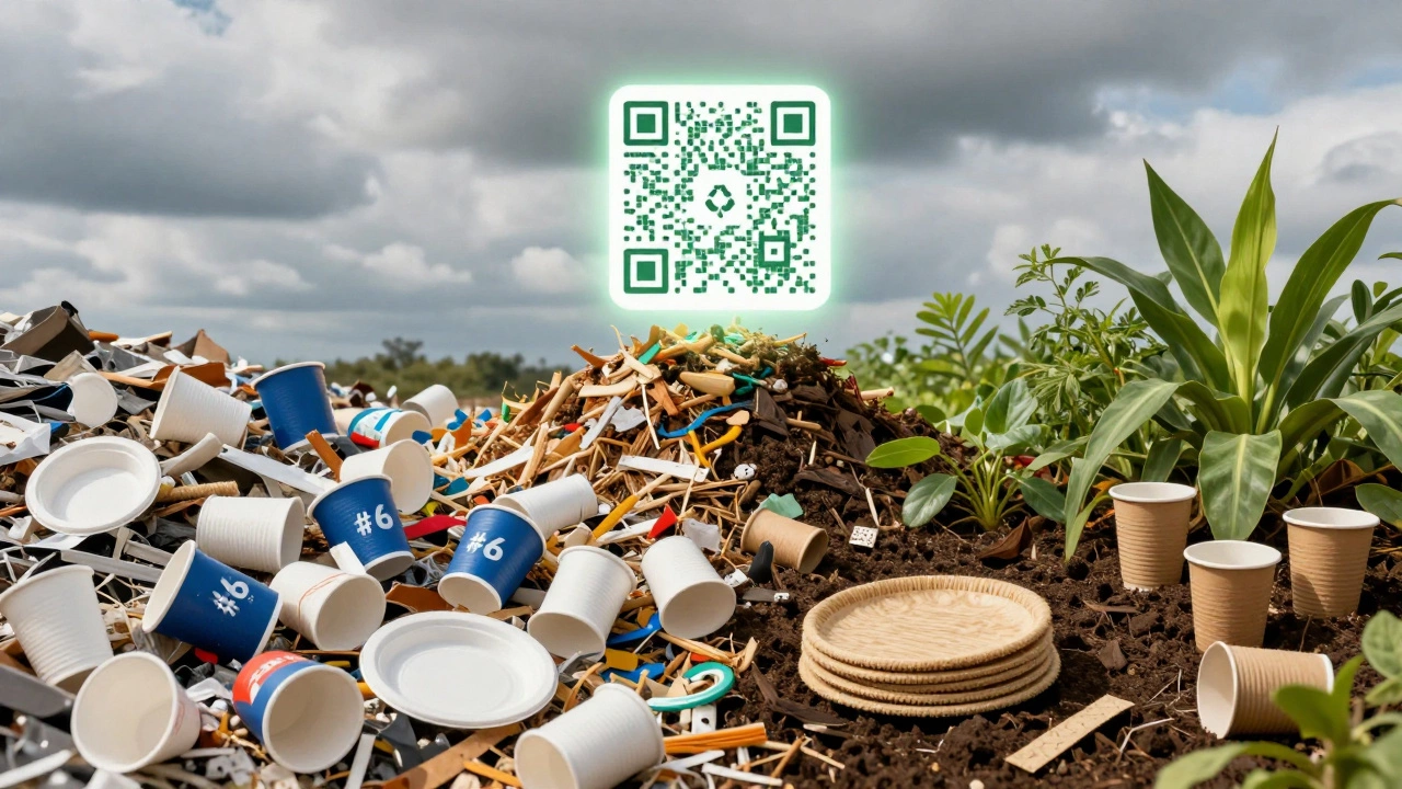 Contrasting scene: landfill of plastic waste vs. composting facility with plant-based disposables turning into soil.