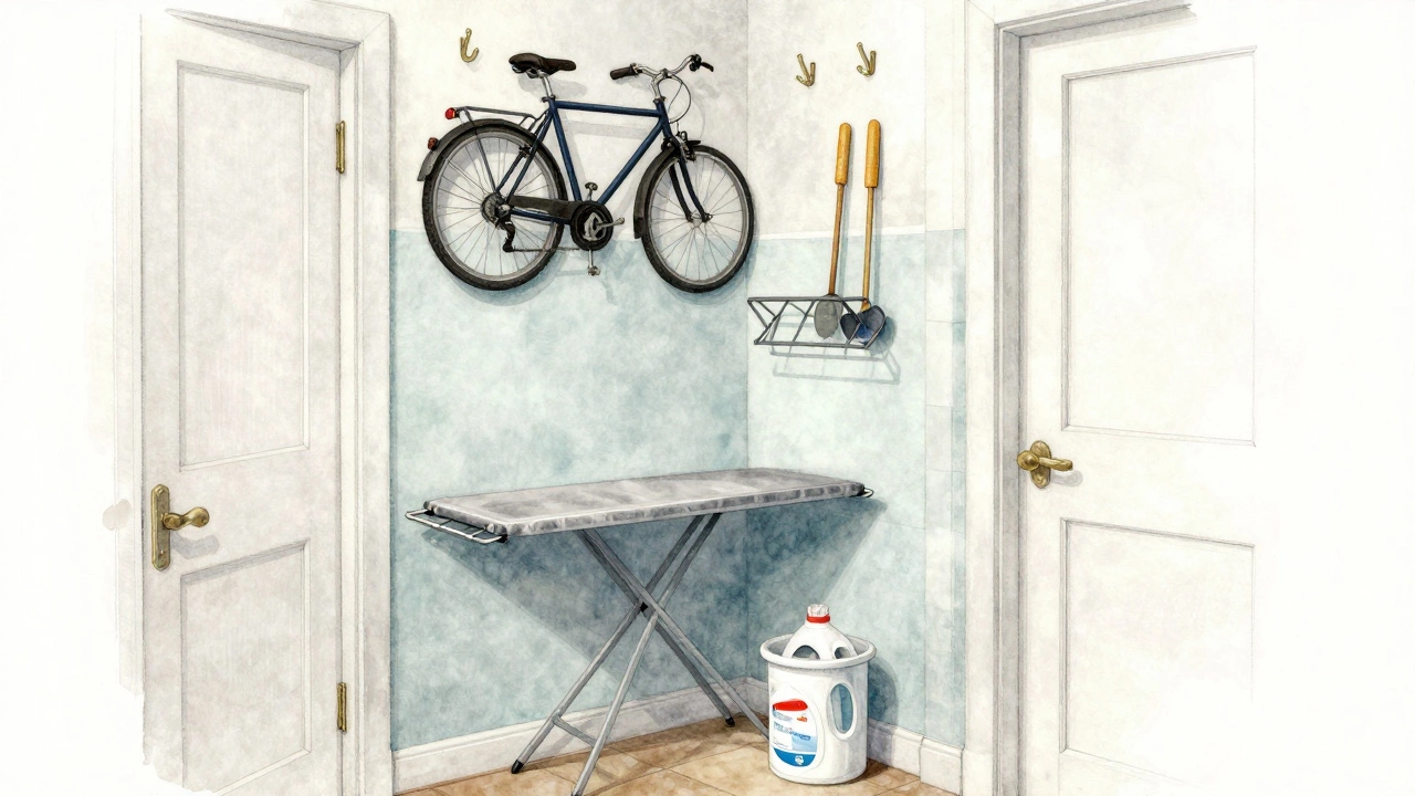 Hidden laundry station in a bathroom corner with fold-down table and carousel bin, blending into the wall.