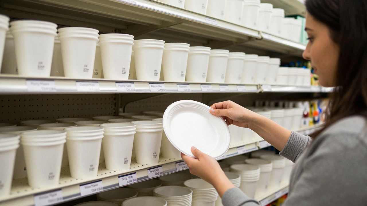 Shelves in a party supply store displaying labeled disposable tableware types with resin codes visible on products.