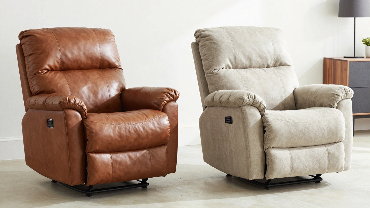 Side-by-side comparison of Lazy Boy and IMG recliners in a bright showroom setting.