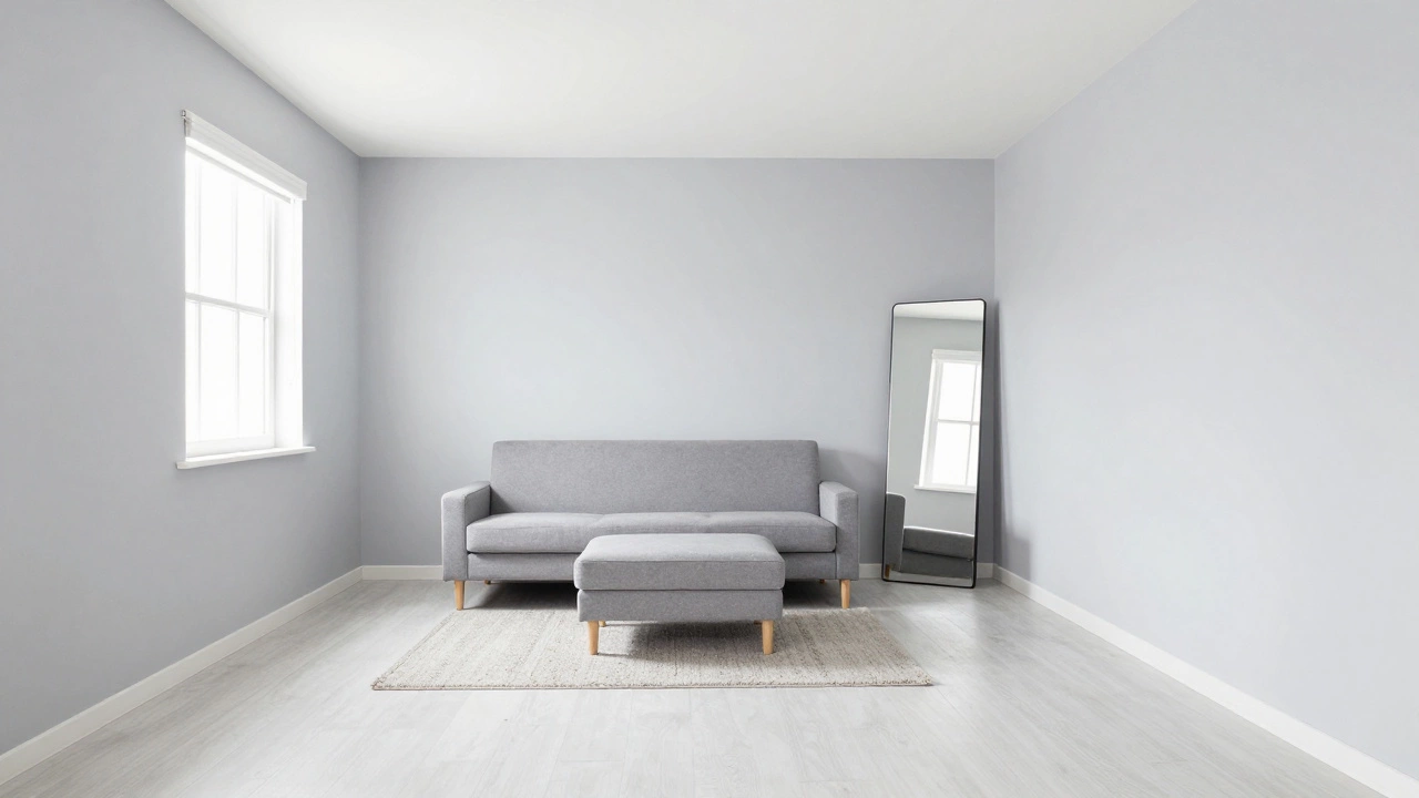 Small room with loveseat, mirror, and light colors to maximize space.