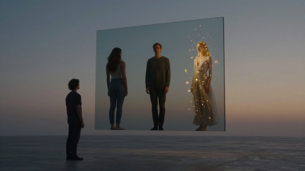 Three versions of a person reflected in a floating mirror, symbolizing personal growth.