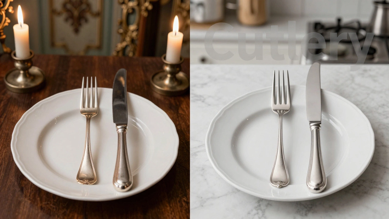 Vintage silver fork and knife beside modern stainless steel ones, showing historical change.