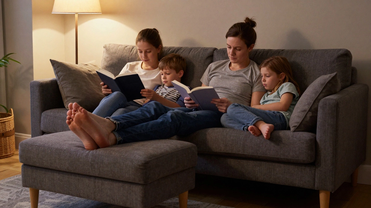 A family relaxing comfortably on a practical, mid-sized sofa in a cozy home.