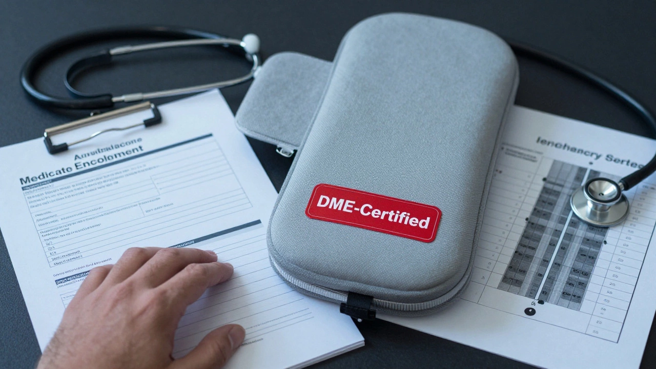 A Medicare-approved therapeutic cushion with official documentation and medical tools nearby, emphasizing clinical legitimacy.