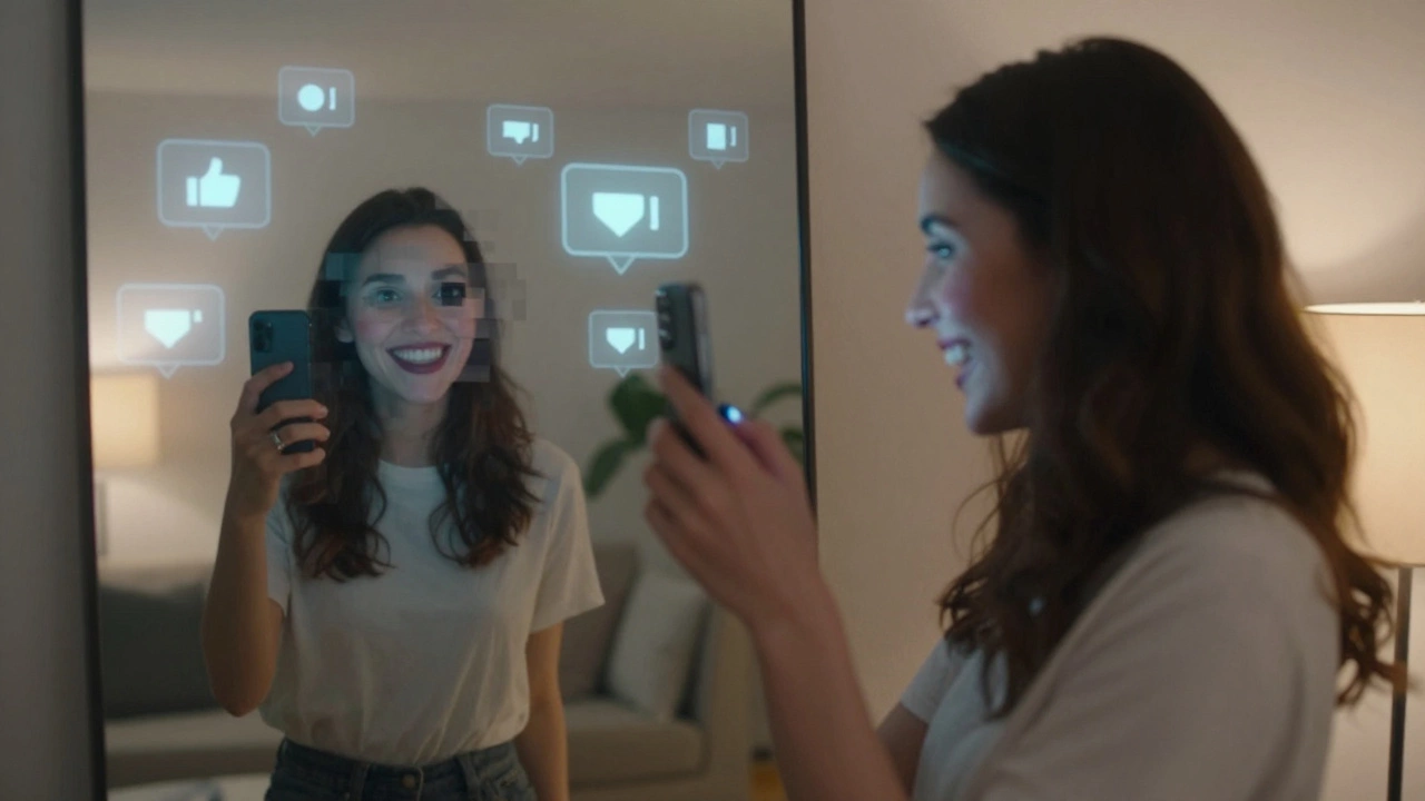 A woman taking a selfie, her mirror reflection showing a distorted, pixelated face with hollow eyes.