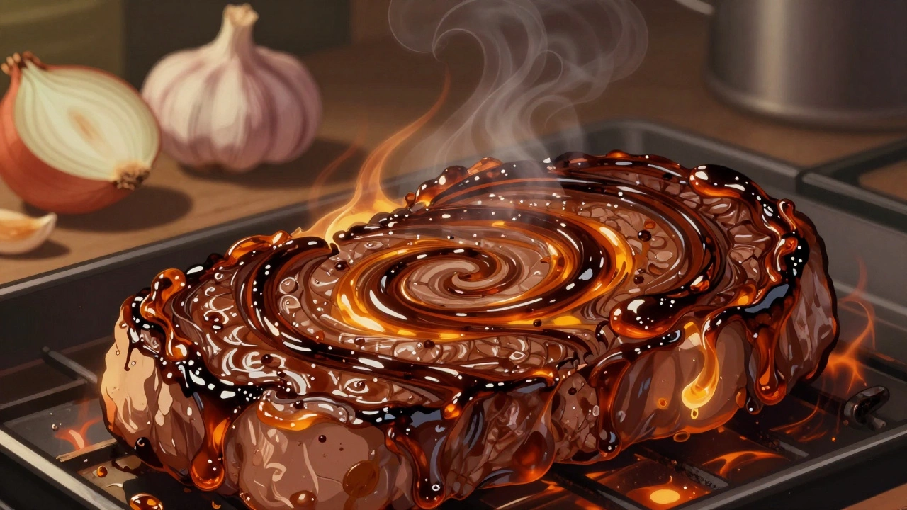 Abstract visualization of caramelized flavor compounds forming on seared meat through the Maillard reaction, with glowing heat and rich browns.