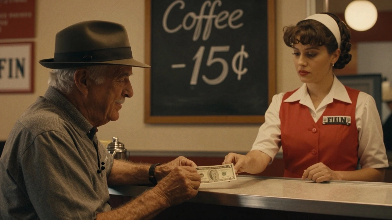 An elderly man in a 1920s diner paying with a five-dollar bill labeled 'Fin'.