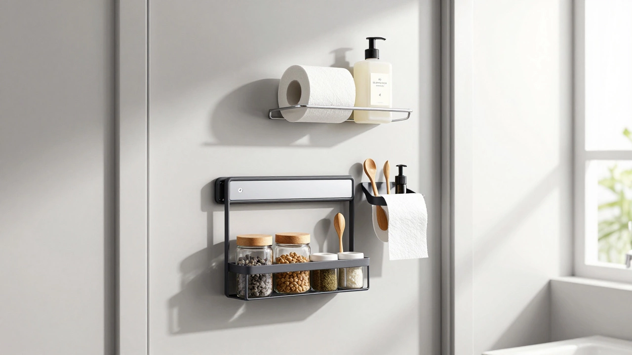 Bathroom door with magnetic strips and hanging baskets for toiletries and supplies.