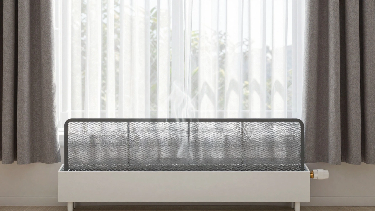Café-length curtains safely positioned 12 inches above a baseboard heater with metal guard and airflow.