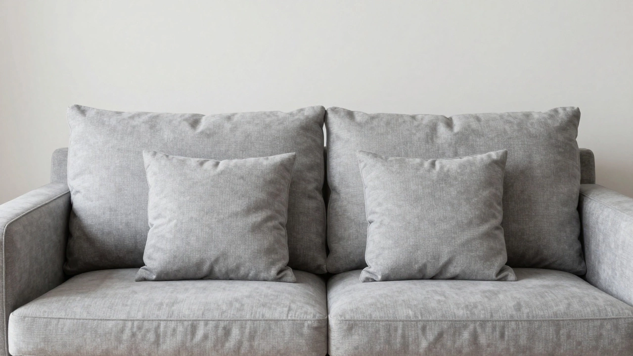 Comfortable sofa styled with balanced mix of large lumbar and small accent pillows for support.