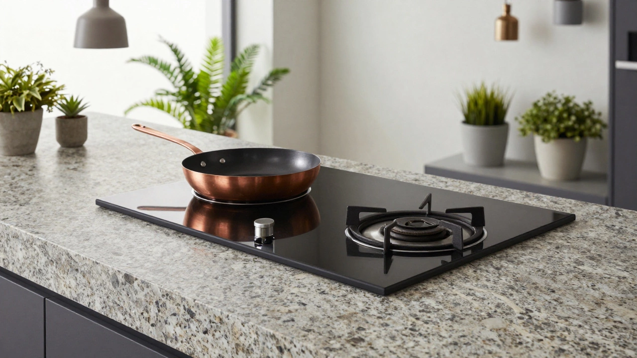 Copper pan sitting on black glass cooktop in modern kitchen island