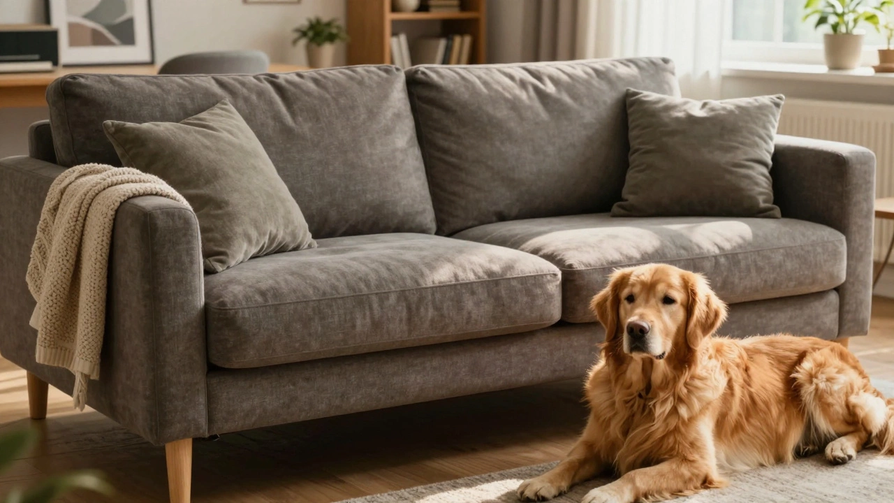 Family dog resting near a practical sofa with minimal cushions suitable for active households.