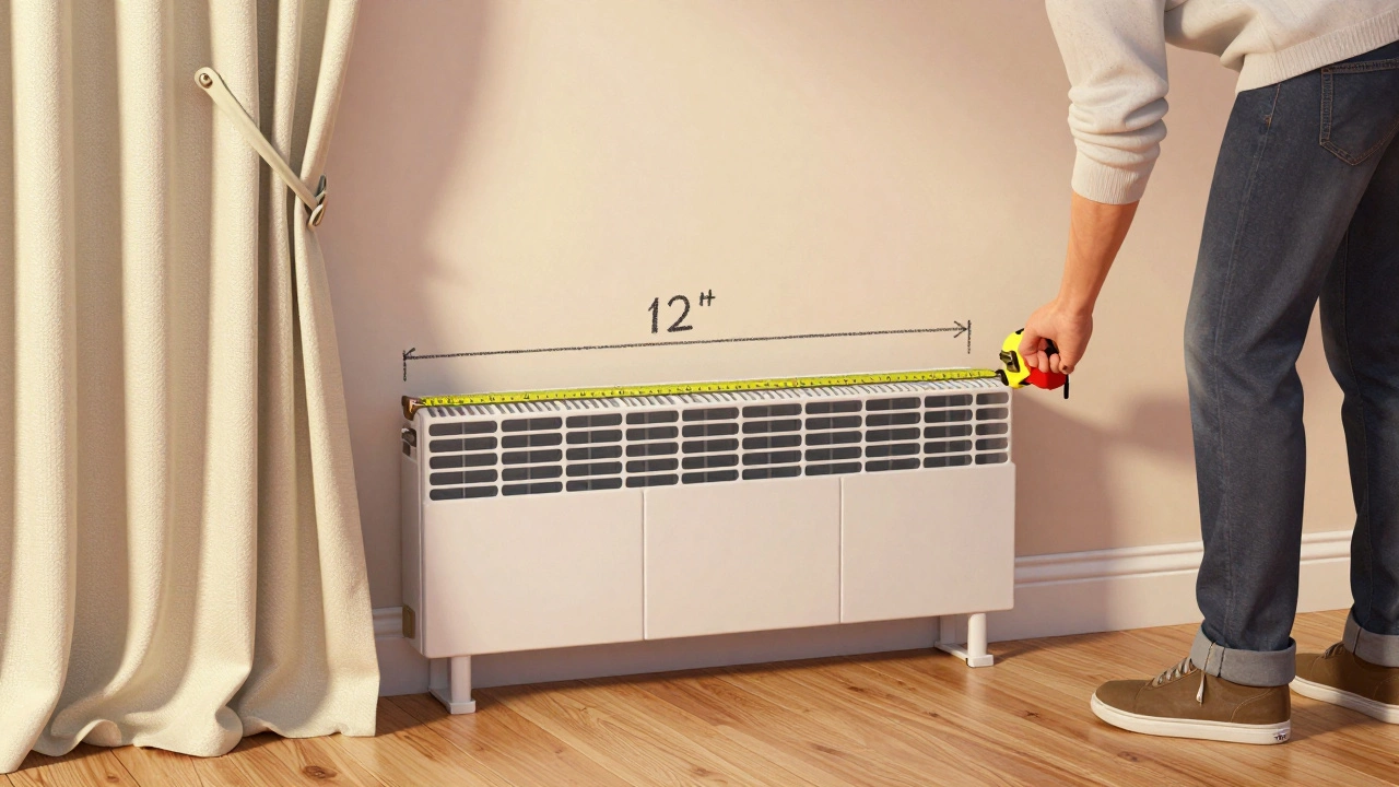 Homeowner measuring 12-inch clearance between baseboard heater and curtains using a tape measure.