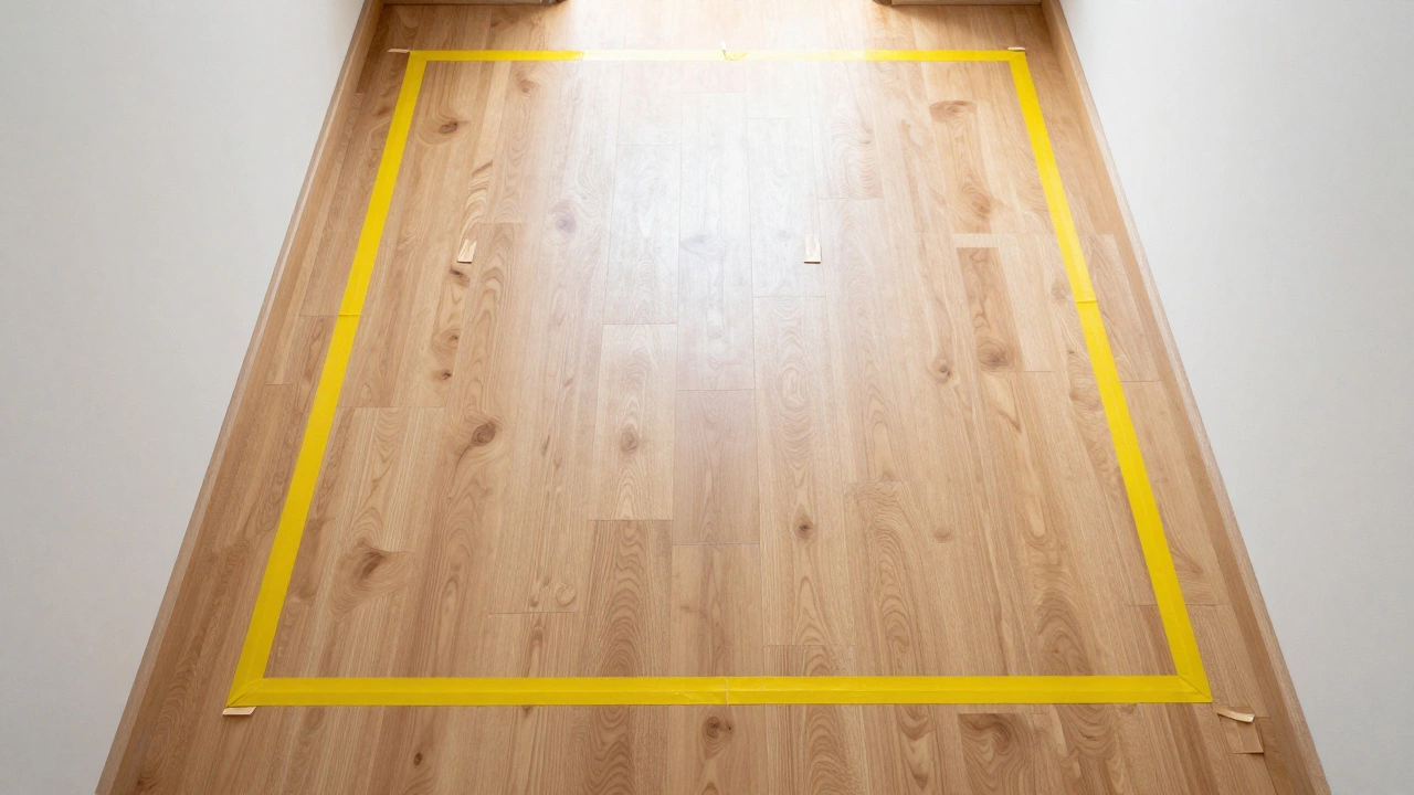 Masking tape outlining rug size on wooden floor