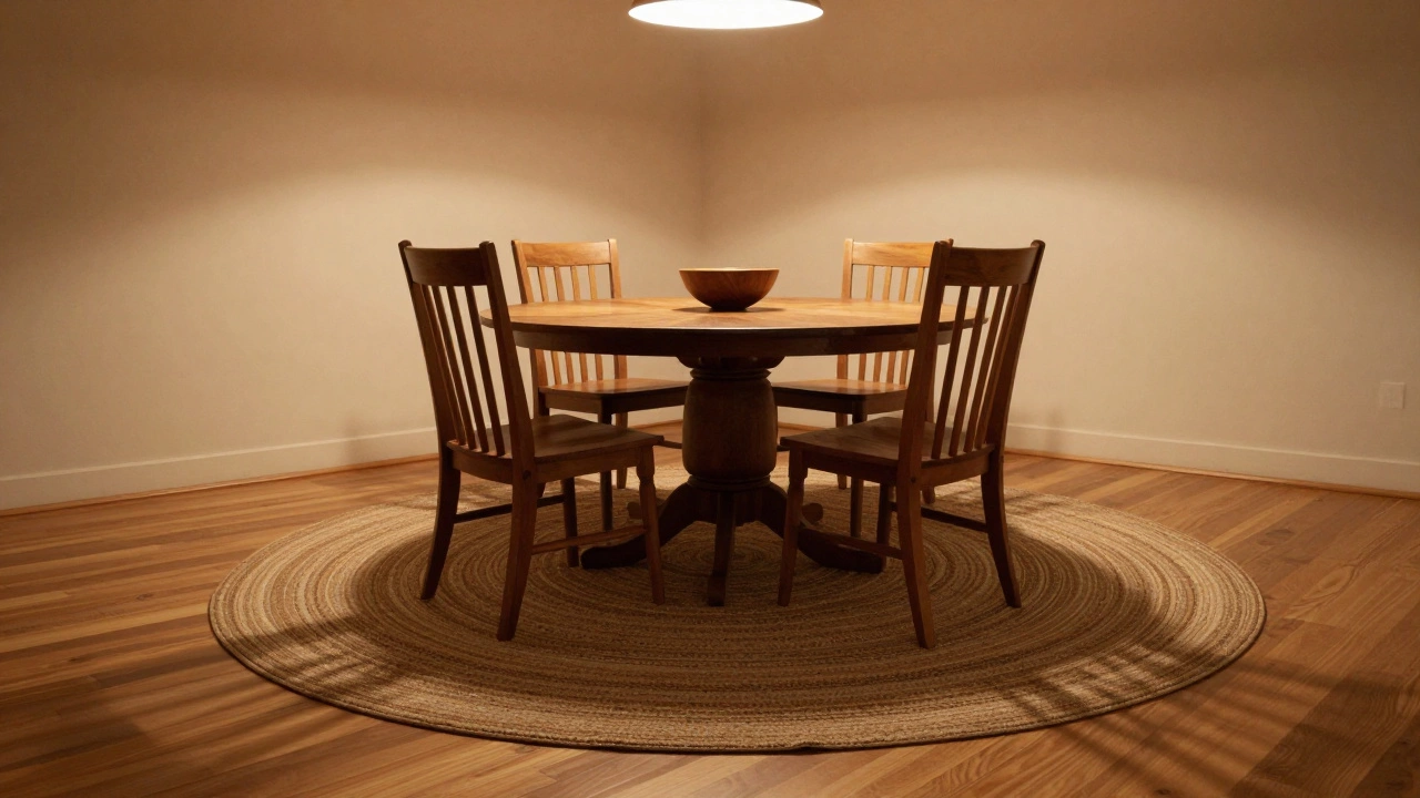 Round rug under dining table with chairs pulled out freely