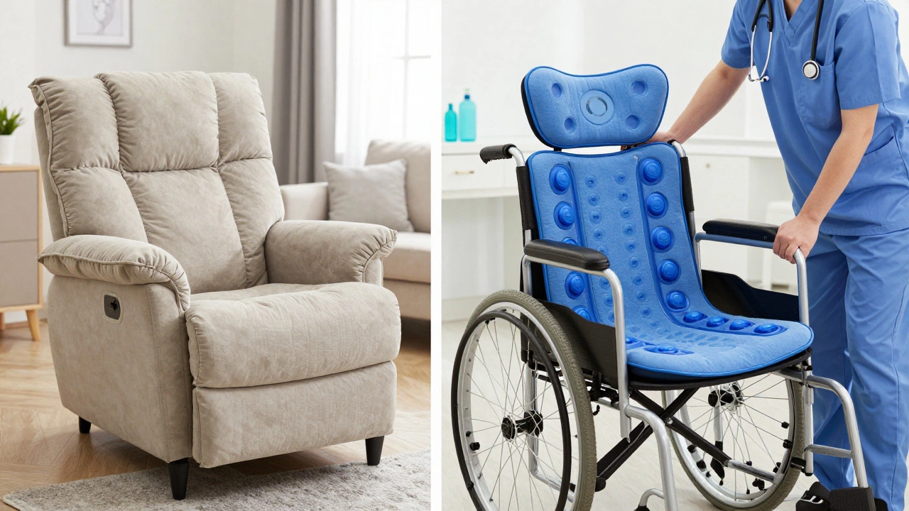Side-by-side comparison of a standard sofa cushion and a medical-grade therapeutic cushion used in a wheelchair.