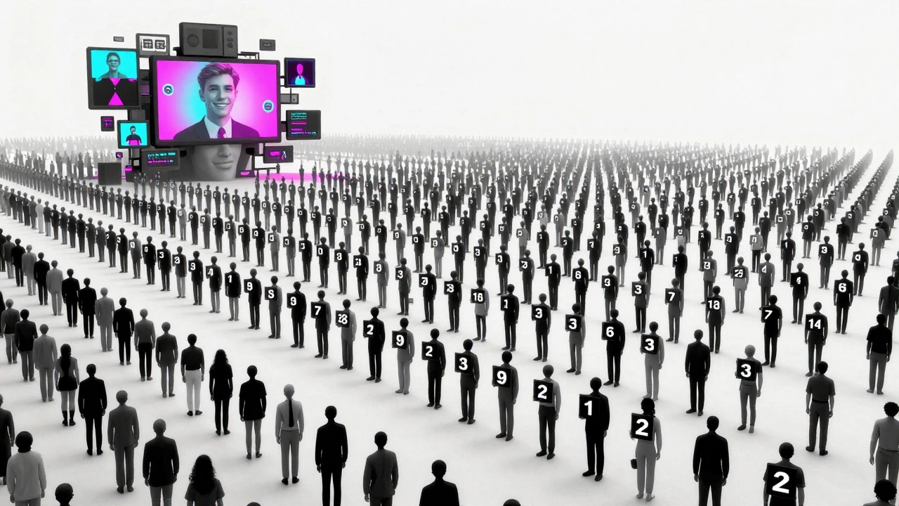 Thousands of people in a digital wasteland holding social scores, watched over by a giant AI face.