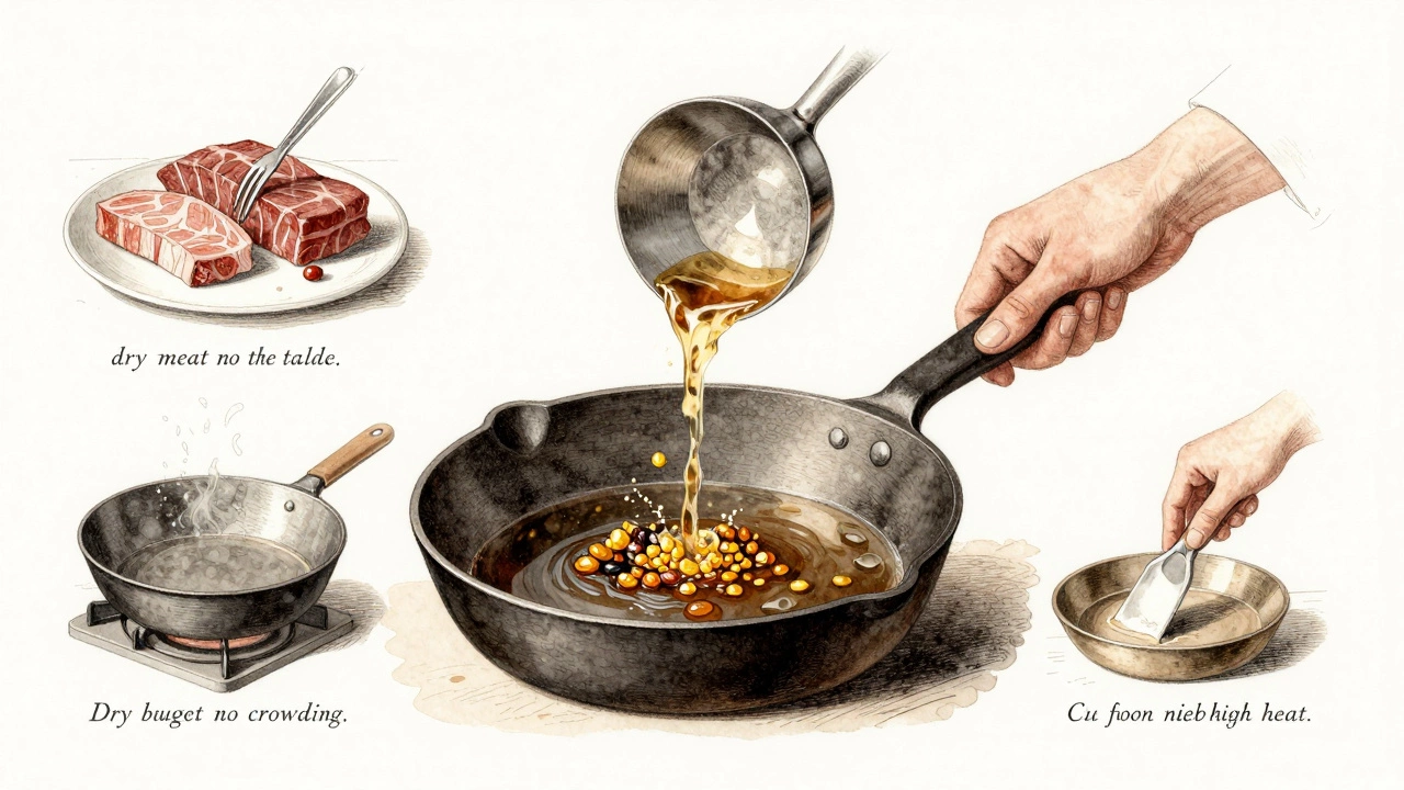 Vintage-style culinary diagram showing a chef deglazing a pan with wine and lifting fond, alongside technique illustrations in sepia tones.
