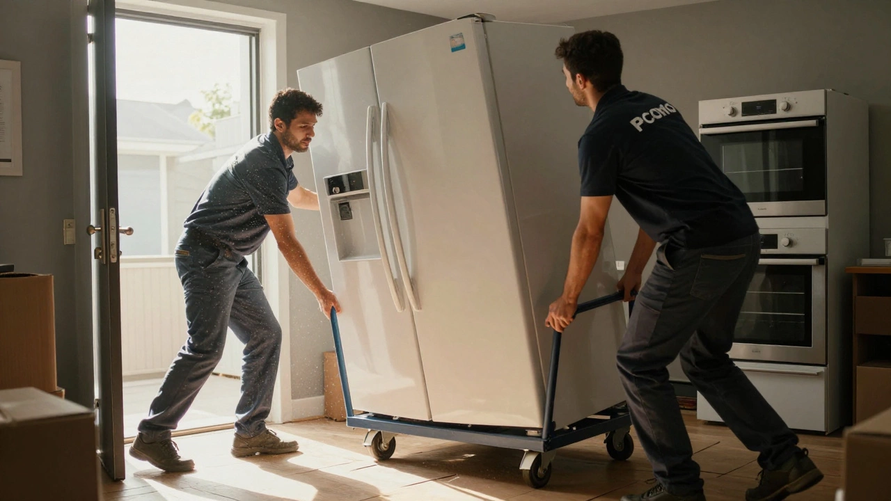 Workers moving heavy appliances and fridge out of house doorway