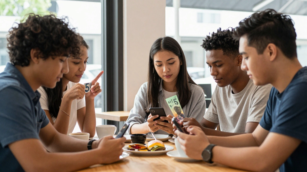 Young friends in a café, one holding a  note while another texts 'f5'.