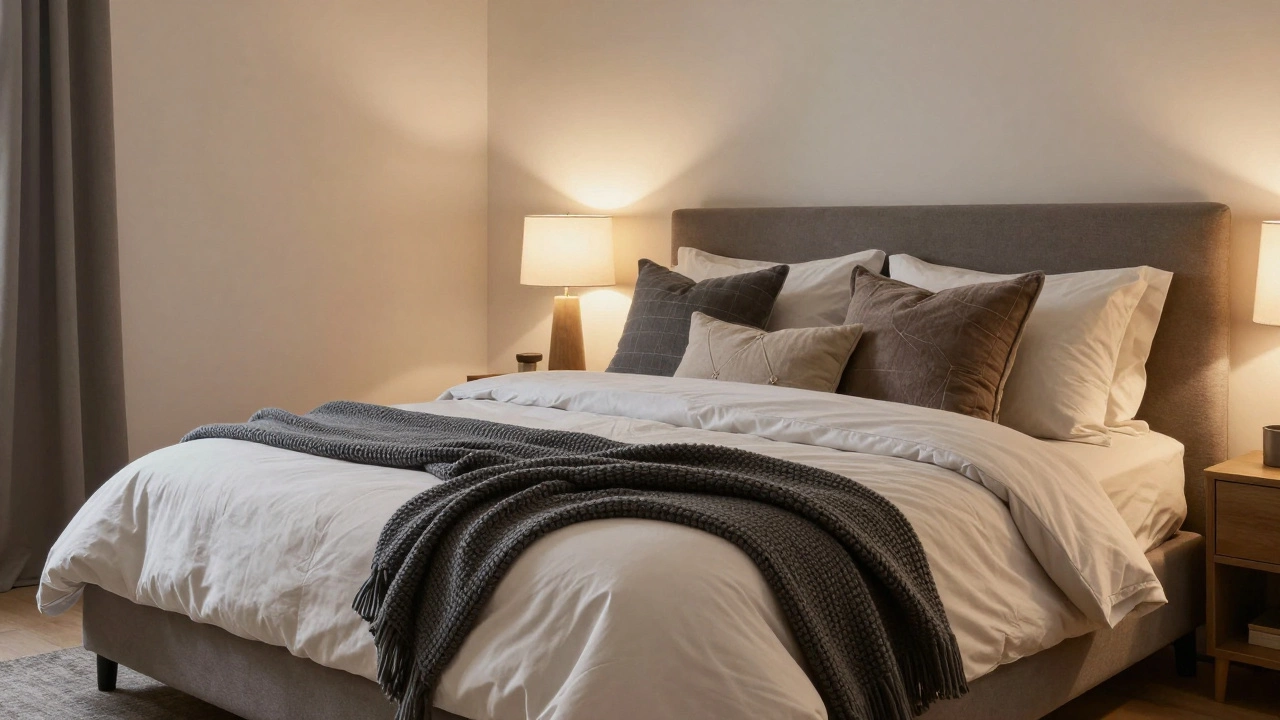 A fully dressed bed with a cotton duvet, chunky knit throw, and decorative pillows