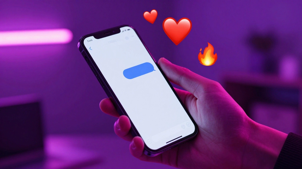 A hand holding a smartphone with glowing hearts and fire emojis in a neon purple room.