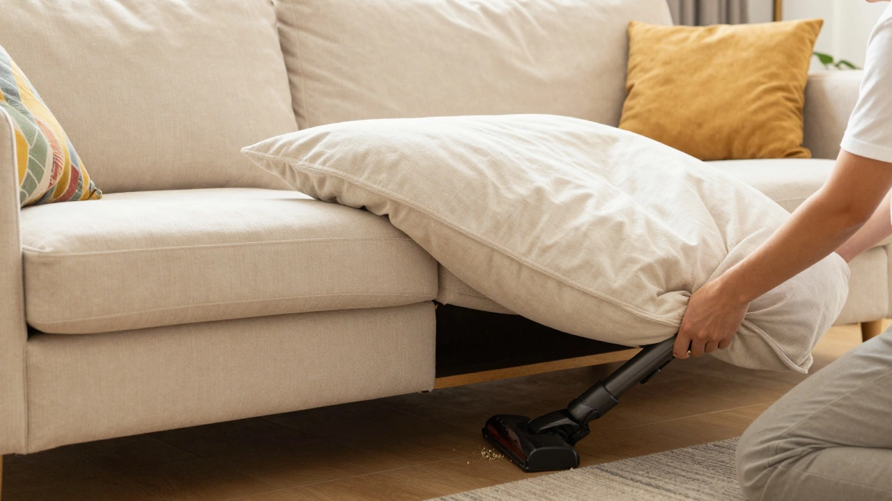 A person removing a loose sofa cushion to vacuum the base of the couch