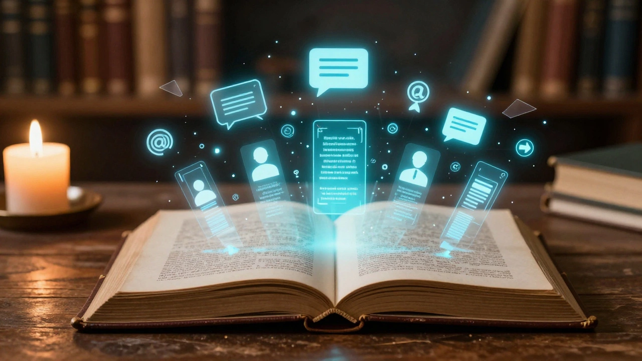 A vintage book with holographic digital icons emerging from the pages on a wooden table.