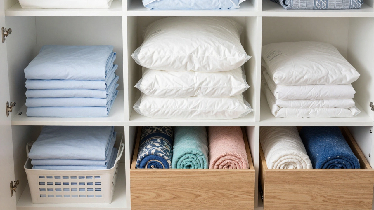 An organized linen closet with sorted sheets, vacuum-sealed duvets, and decorative throw blankets.