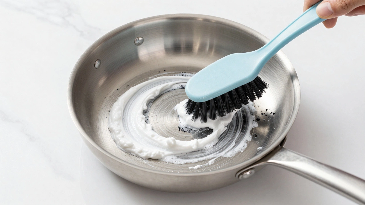 Baking soda paste being scrubbed off the bottom of a stainless steel pan