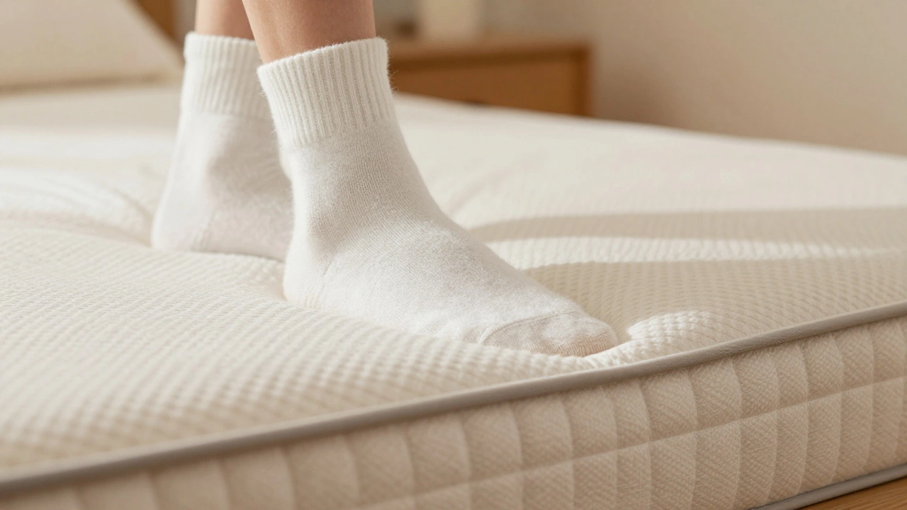Close-up of feet in white socks gently pressing into a mattress to break it in.