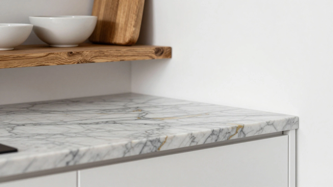 Close-up of white cabinets with veined quartz countertops and oak floating shelves