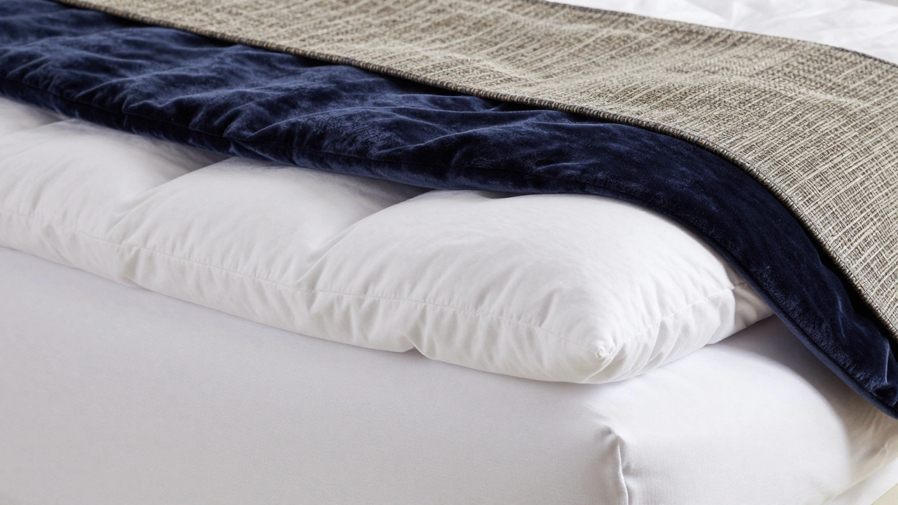 Close-up side view showing the layers of a bed: smooth sheets, a fluffy duvet, and a decorative runner.