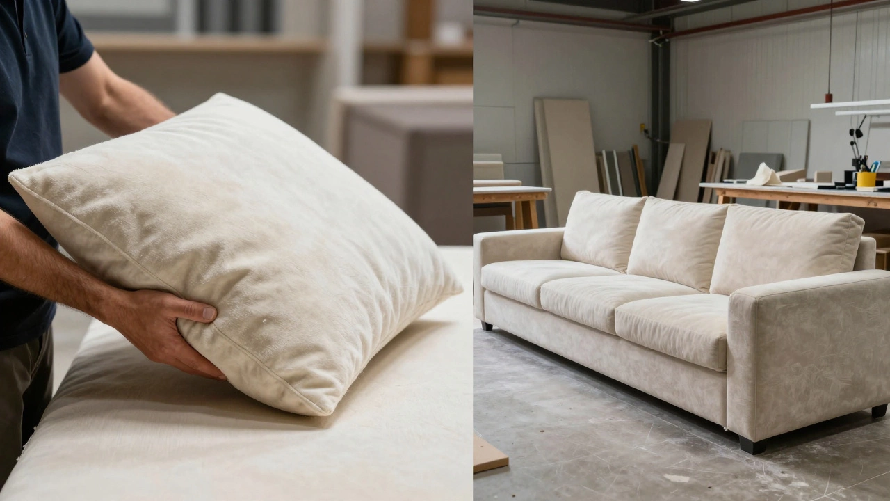 Comparison of replacing foam in a loose cushion versus full reupholstery of an attached sofa