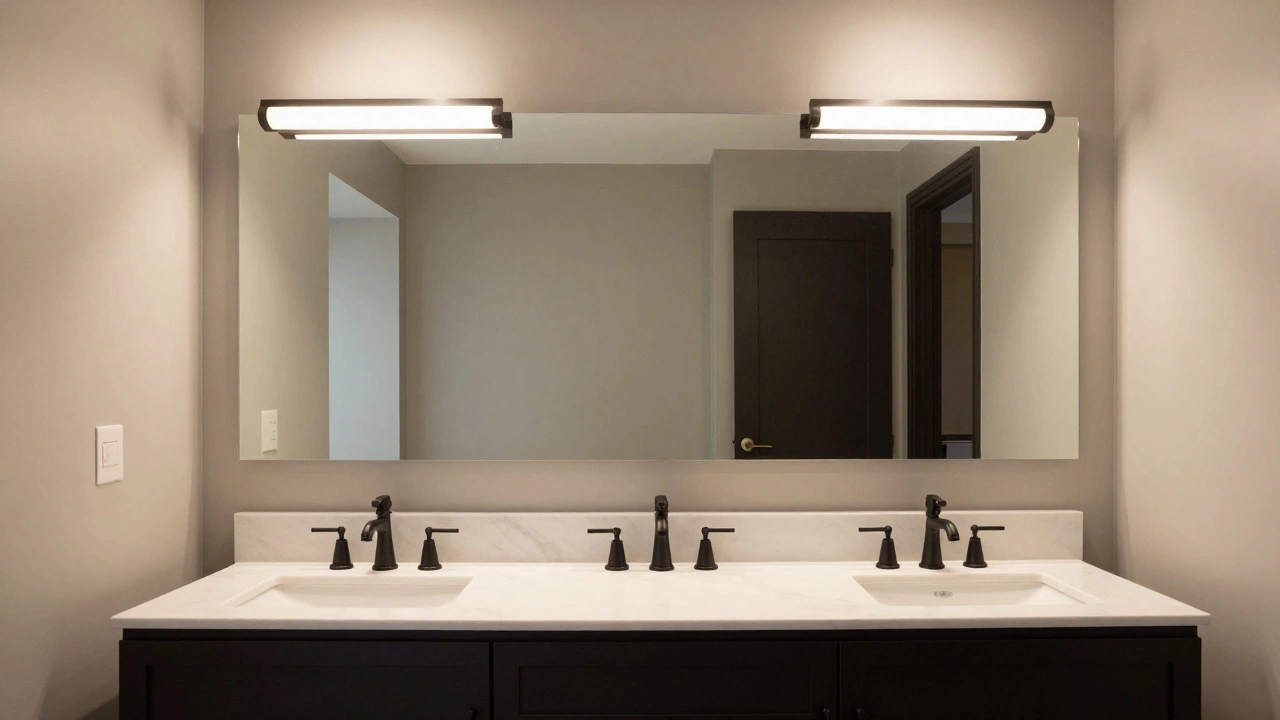 Coordinated luxury bathroom with a matte black mirror, vanity, and faucet in a symmetrical layout.