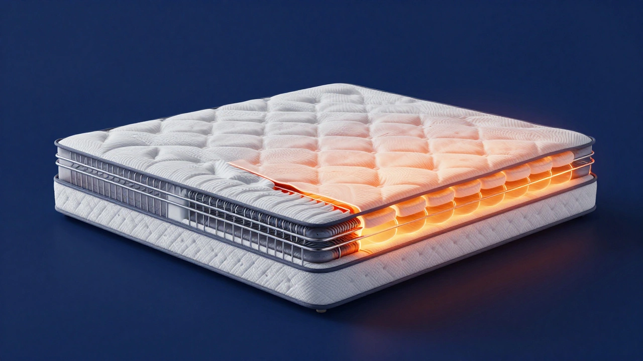 Cross-section of a hybrid mattress showing springs transitioning from stiff to softened.