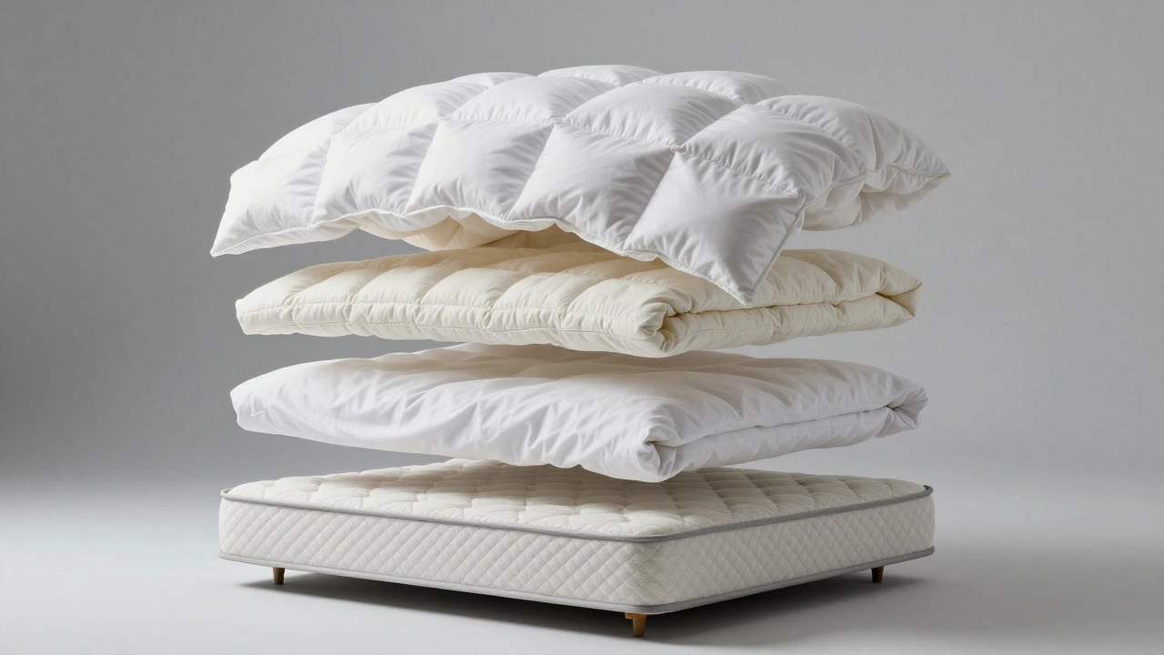 Diagrammatic view of bed layers including sheets, quilts, and a duvet floating vertically