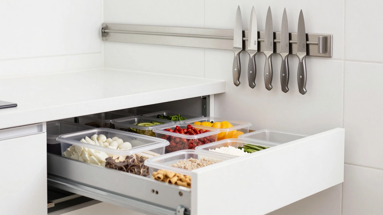 Kitchen wall with a magnetic knife strip and organized pull-out drawers