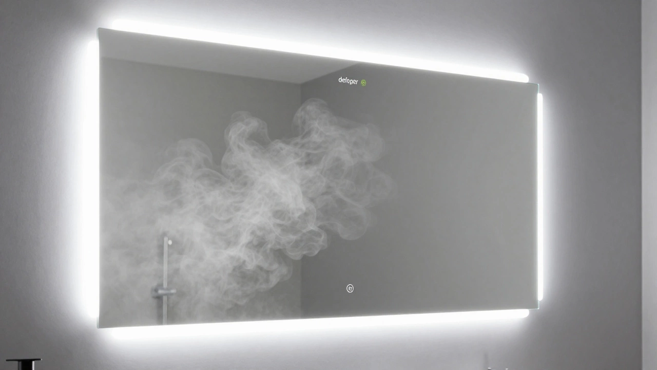 Smart mirror showing a clear defogged section contrasting with a steamed-up surface and LED lighting.